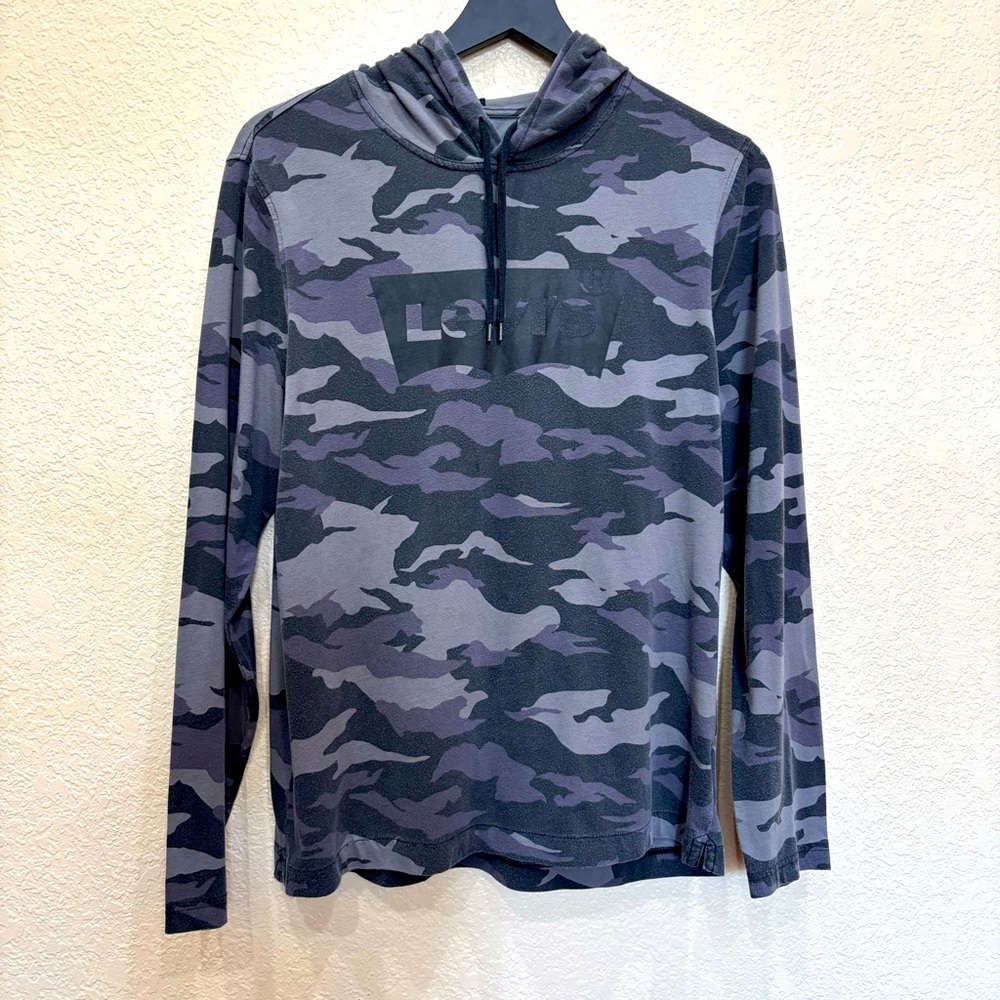 Levi’s Logo Men’s Long Sleeve Lightweight Black & Grey Camo Hoodie Shirt Medium